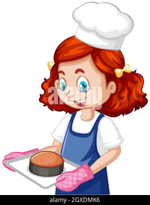 Chef girl wearing chef hat holding baking tray Stock Vector