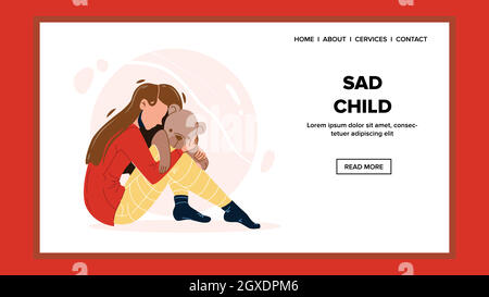 Sad Child Girl Lonely Sitting On Floor Vector Stock Vector