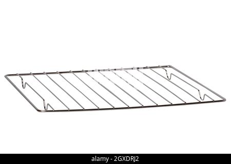 Closeup of an empty metal rack or steel grid for grill from the Interior of the oven isolated on a white background. Macro. Stock Photo
