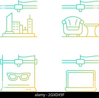 Three dimensional objects production gradient linear vector icons set Stock Vector