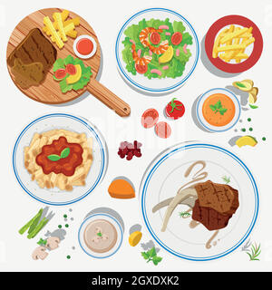 Different types of food on plates Stock Vector