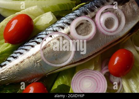 Whole cold-smoked Atlantic mackerel with cherry tomatoes, and red onion on lettuce leaves Stock Photo