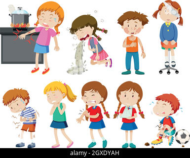 Set of sick and injured children Stock Vector