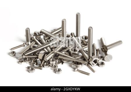 Nuts and bolts on white background Stock Photo