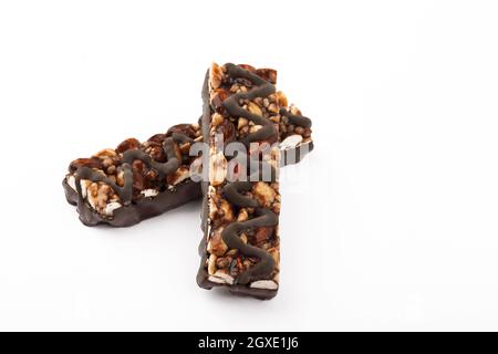 Cereal bars with chocolate isolated on white background Stock Photo