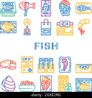 Fish Market Product Collection Icons Set Vector Stock Vector