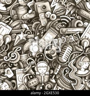 Cartoon doodles Audio content seamless pattern. Stock Vector