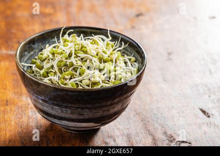 Sprouted green mung beans. Mung sprouts in bowl on wooden table. Stock Photo