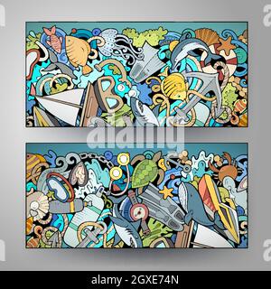 Cartoon cute doodles Diving horizontal banners set Stock Vector