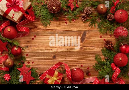 Christmas background with Christmas decoration on wood Stock Photo
