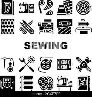 Sewing tools black line set, thread and scissors, yarn, needle bar, pin  needle. Sewing accessories for hobby. Dressmaking needlework stitch  fancywork, machine embroidery. Vector illustration Stock Vector Image & Art  - Alamy