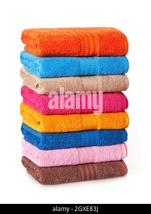 Colorful towels stack on white background Stock Photo