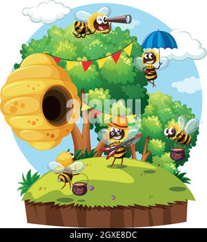 Bees flying around beehive on island Stock Vector