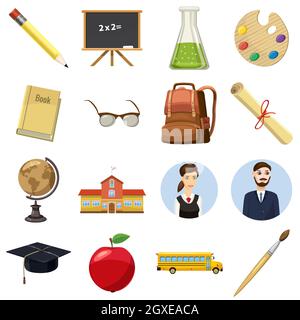 School icons set in cartoon style isolated on white background Stock Photo