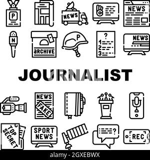 Journalist Accessories Collection Icons Set Vector Illustrations Stock Vector