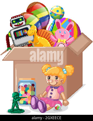 Cardboard box full of toys on white background Stock Vector