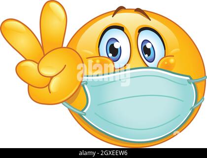 emoji emoticon with medical mask over mouth making V sign. peace, victory or vegan gesture. Stock Vector