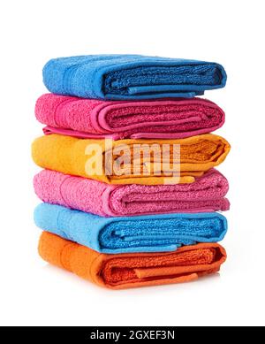 Colorful towels stack on white background Stock Photo
