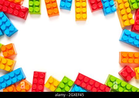 Plastic toy blocks on white background Stock Photo