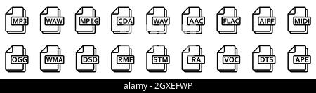 Audio file formats. Set of linear icons of different audio formats. Audio file icons. Vector illustration. Stock Vector