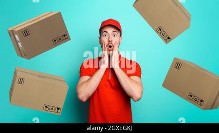 Courier has a wondered expression about a great promotion Stock Photo