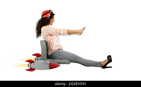 Woman drives fast with rockets under the chair. Stock Photo