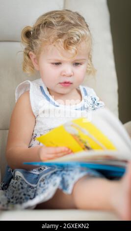 Adorable Blonde Haired Blue Eyed Little Girl Reading Her Book in the Chair. Stock Photo