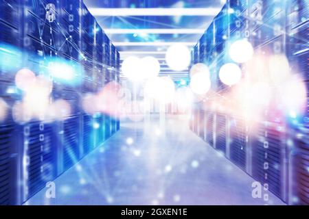 Server farm with network connection effects and binary code Stock Photo