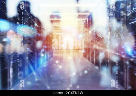 Server farm with network connection effects and binary code. double exposure Stock Photo
