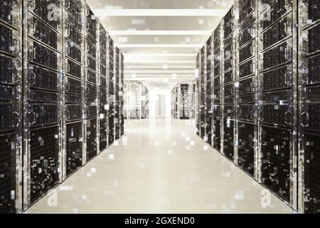 Concept image of a database server room. 3D Rendering Stock Photo