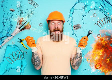 Incompetent worker electrician is unsure about his work Stock Photo