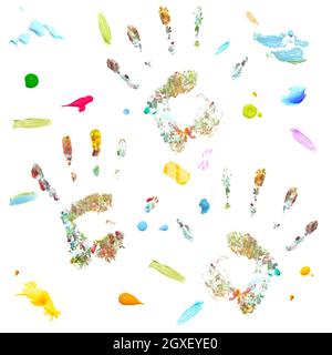 Handprints colored with crayons joyful and fun Stock Photo