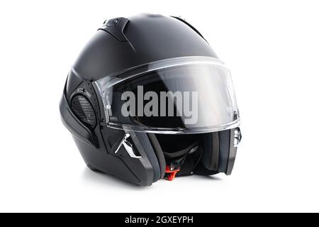 Black modular motorcycle helmet isolated on white background. Stock Photo