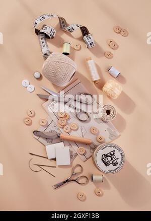 Materials and accessories for sewing - fabric, pins, thread, buttons ...