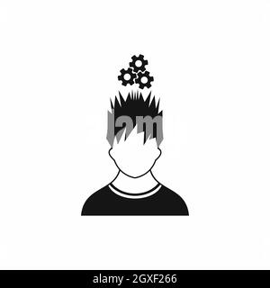 Man with metal gears over head icon in outline style isolated on white ...