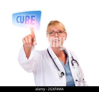Attractive Female Doctor Touching a Cure Button on Touch Screen. Stock Photo