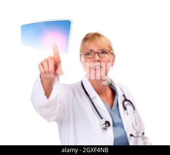 Attractive Female Doctor Touching Button on Touch Screen. Stock Photo