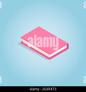 Pink book icon in isometric 3d style on blue background. Reading symbol Stock Photo