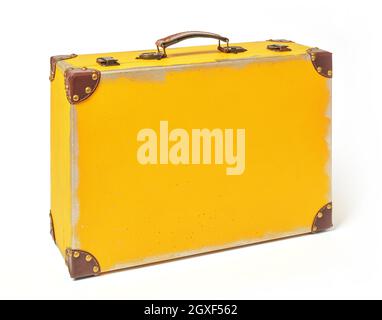 Yellow vintage suitcase on white background Stock Photo