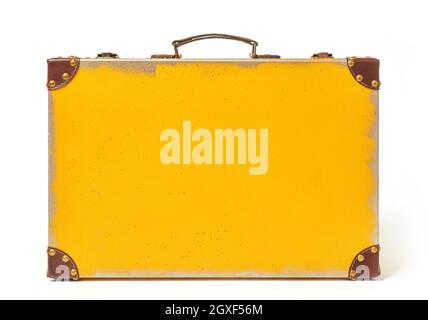 Yellow vintage suitcase on white background Stock Photo