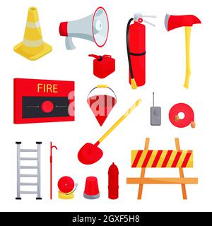 Firefighter icons set in cartoon style isolated on white background Stock Photo