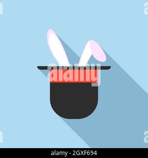 Rabbit ears appearing from a top magic hat icon in flat style on a light blue background Stock Photo