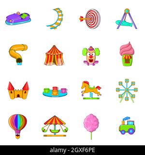 Amusement Park icons set in cartoon style isolated on white background Stock Photo
