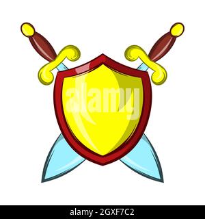 Gold shield with two crossed knight swords icon in cartoon style on a white background Stock Photo