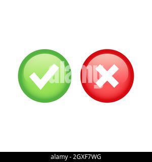 Checkmark or tick and cross glossy button set. Green and red right and wrong colorful icon set. Stock Vector