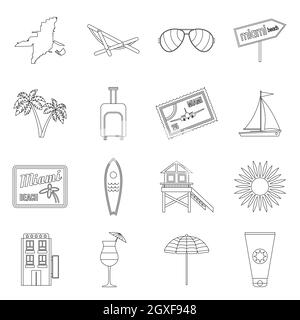 Miami icons set in outline style isolated on white background Stock Photo