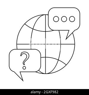 Globe and speech bubbles with question and exclamation marks icon in outline style on a white background Stock Photo