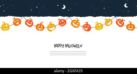 Cute hand drawn Halloween pumpkins border, happy faces, great for invitations, cards, banners - vector design Stock Vector