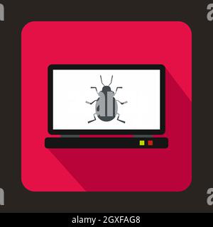 Laptop icon with a bug icon in flat style on a pink background Stock Photo