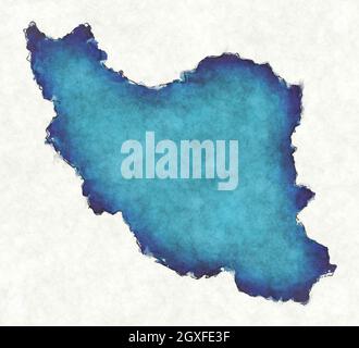 Iran map with drawn lines and blue watercolor illustration Stock Photo